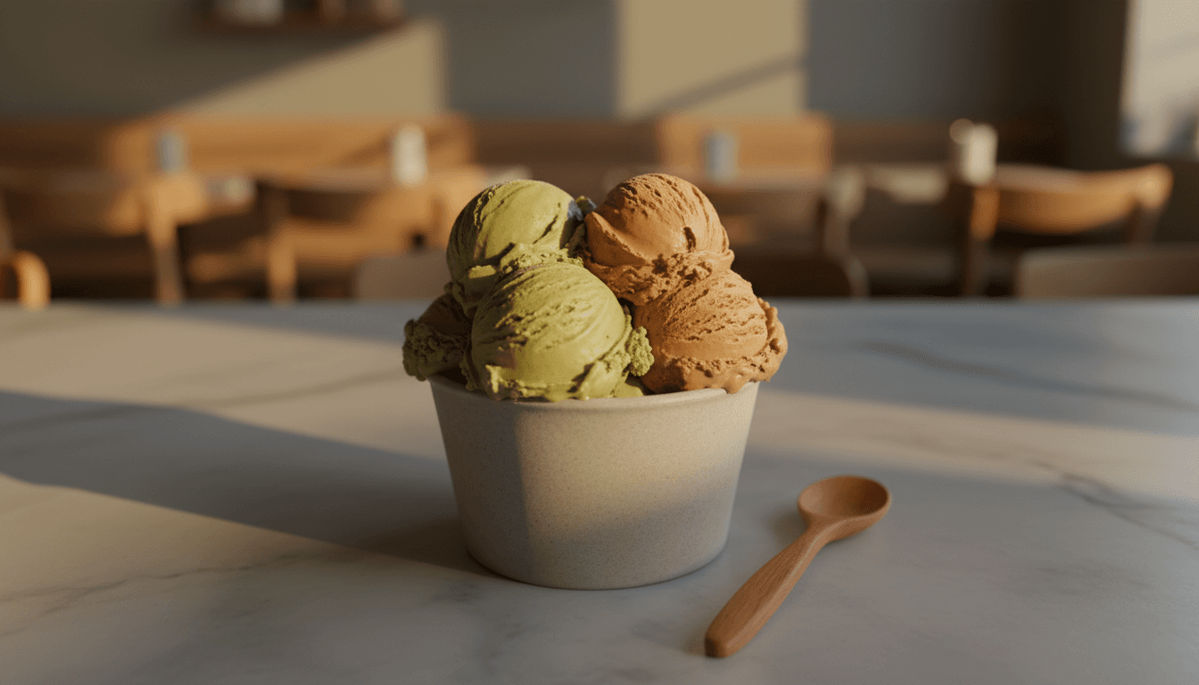 Creamy handcrafted gelato in a ceramic cup with wooden spoon on marble surface