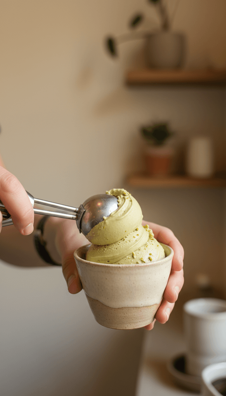 Fresh gelato being scooped into a ceramic cup