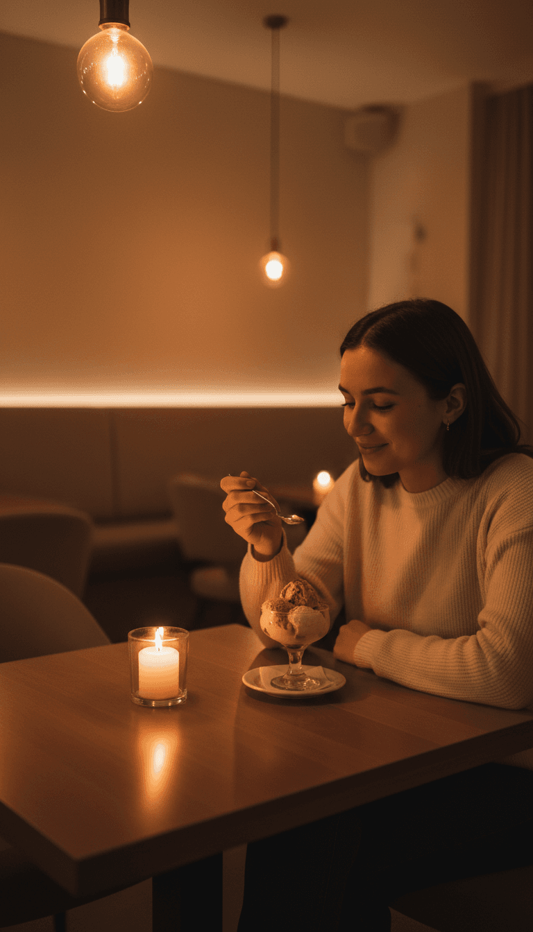 Guest savoring gelato in the warm ambiance of the cafe